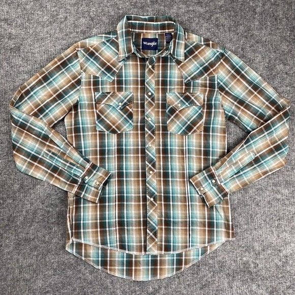 Wrangler Other - Wrangler Shirt Men Medium Plaid Brown Blue Cowboy Rodeo Western Yoke Slant